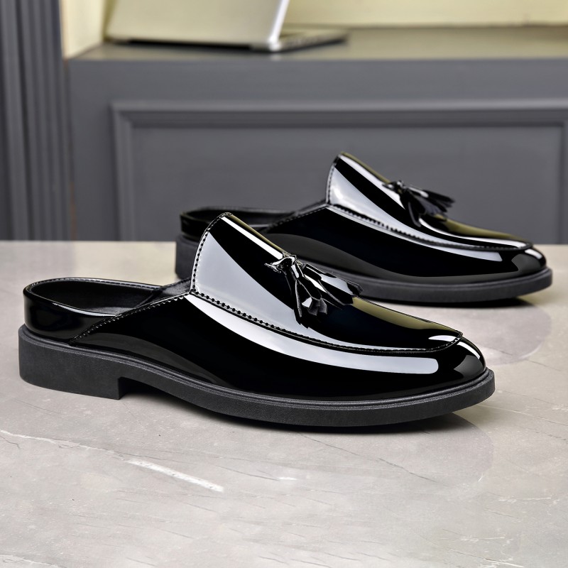 Formal Men Daily Wear Footwear - メンズ ブラック パテントレザー ミュール タッセル装飾 スリッポン