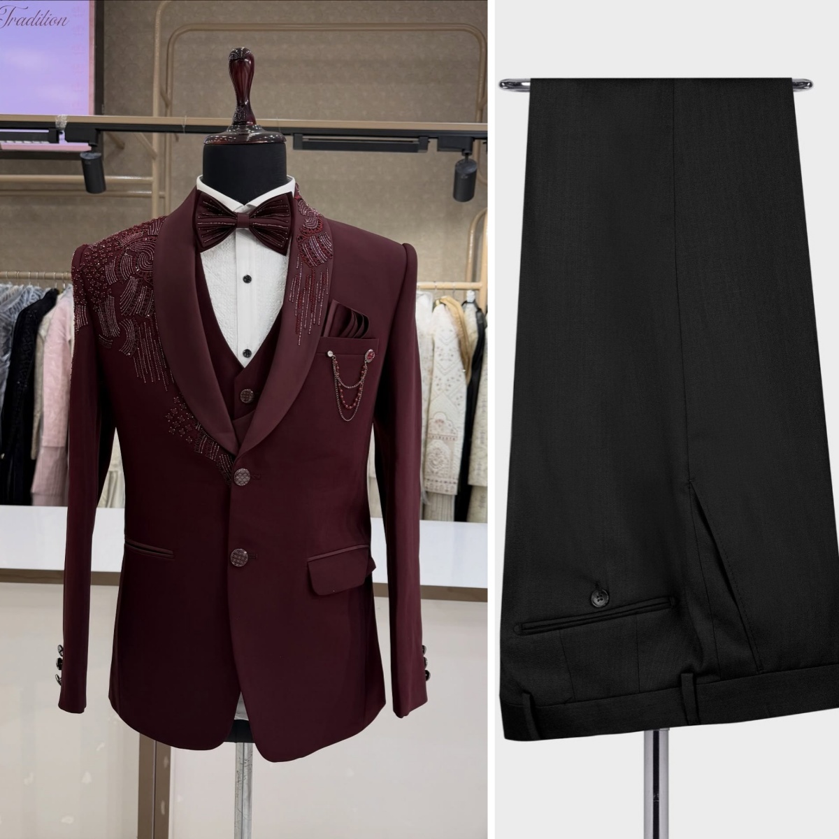 Men Formal Wear Modern - 3ピース新郎用ウェディングタキシード、ビーズとクリスタル装飾のフォーマルスーツ、メンズレッドプロムブレザー、パンツ、ベストセット、男性用ファッションジャケット、カスタムメイド