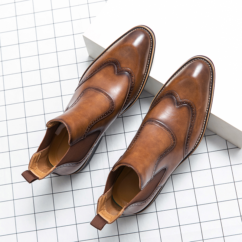 Men Formal Wear With Boots - メンズソフトカウボーイシェルシーブーツ,ソフトレザーブローグ彫刻シューズ,パーティーバンケットドレス,ショートシェルシーブーツ,英国スタイルのファッション