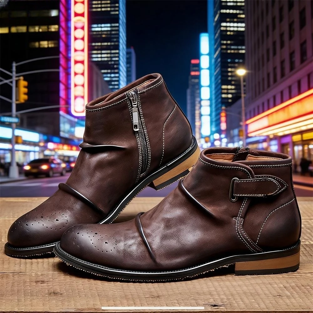 メンズブローグトゥアンクルブーツ、バックルストラップジッパー - Formal Men Daily Wear Footwear のレビューと価格