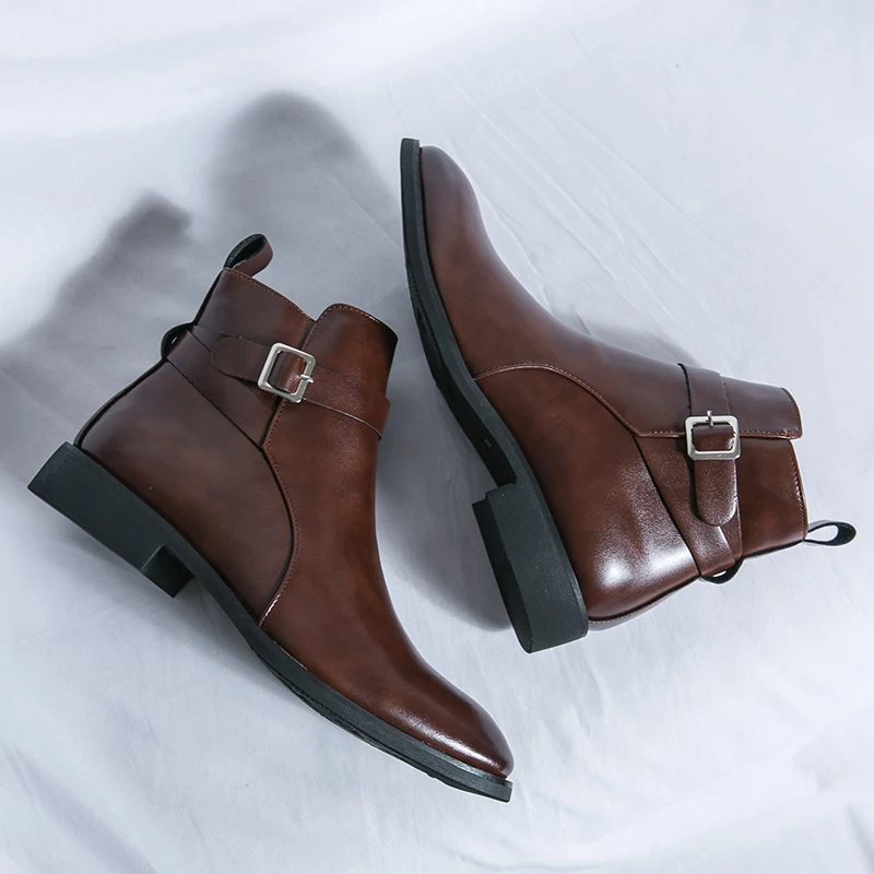 ファッションデザイナーメンズポインテッドレザーブーツ英国ビジ - Men Formal Wear With Boots のレビューと価格