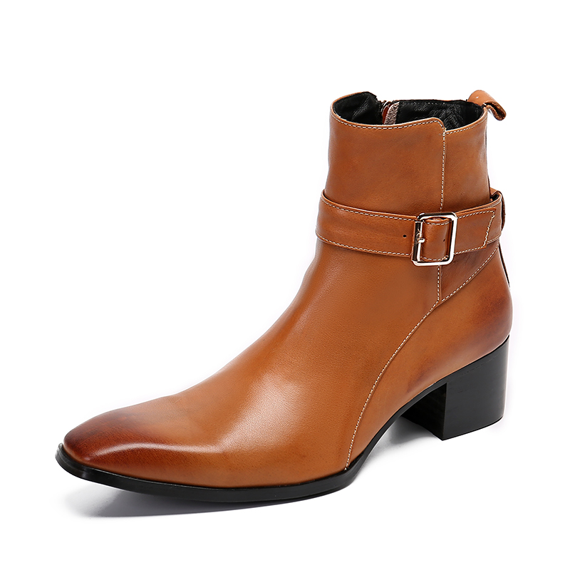 冬ブラウンバックル尖ったメンズジッパーアンクルブーツ本革靴ミ - Men Formal Wear With Boots のレビューと価格