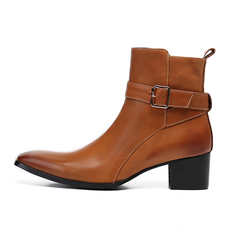 冬ブラウンバックル尖ったメンズジッパーアンクルブーツ本革靴ミ - Men Formal Wear With Boots のレビューと価格