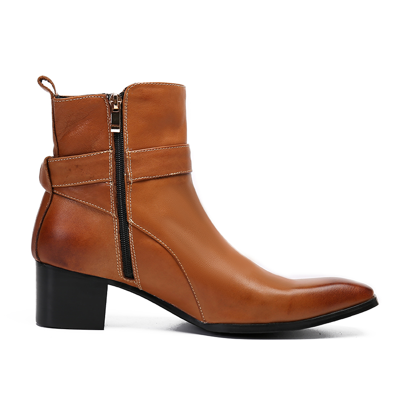 冬ブラウンバックル尖ったメンズジッパーアンクルブーツ本革靴ミ - Men Formal Wear With Boots のレビューと価格