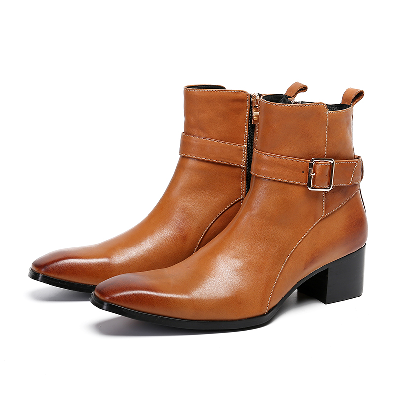 冬ブラウンバックル尖ったメンズジッパーアンクルブーツ本革靴ミ - Men Formal Wear With Boots のレビューと価格