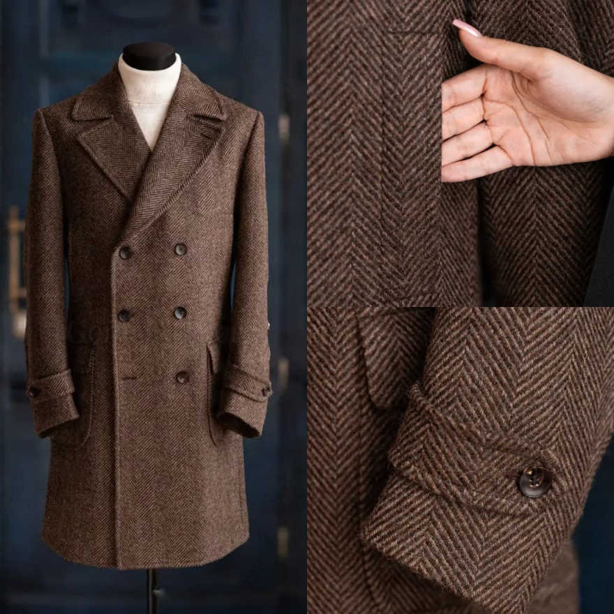 モダンなデザインのヘリンボーン柄オーバーコート。1枚で着用可 - Men Formal Wear Modern のレビューと価格