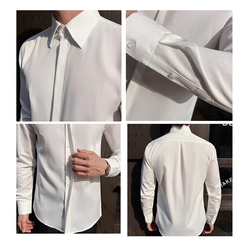 メンズ ホワイト長袖ドレス シャツ - スリムで快適な生地。 - Men Formal Wear Modern のレビューと価格